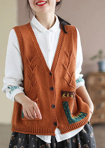 Khaki Patchwork Knit Vest Applique Pockets Spring