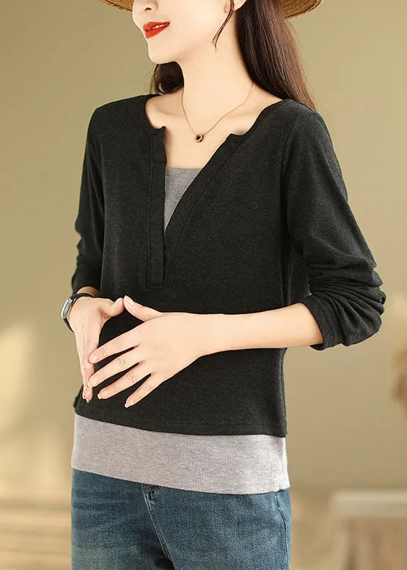 Black Patchwork Versatile Cotton T Shirts V Neck False Two Pieces Fall