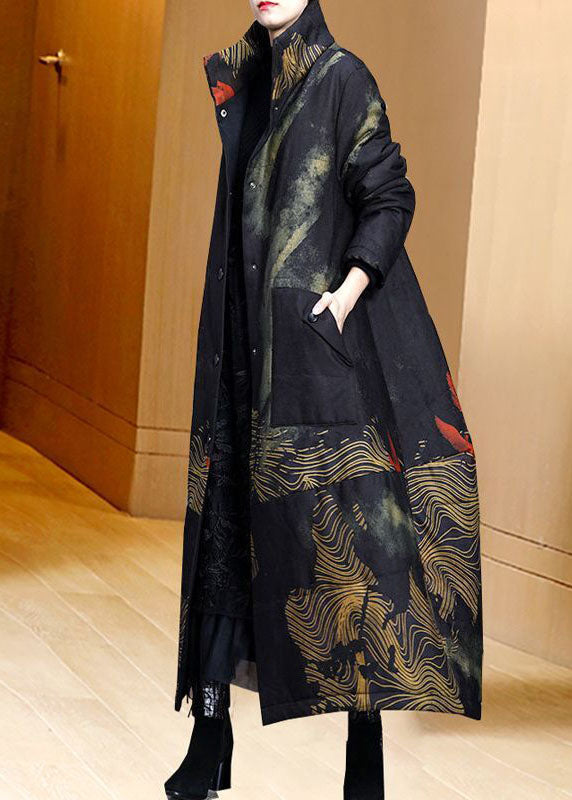 Black Stand Collar Pockets Print Fine Cotton Filled Trench Coat Spring