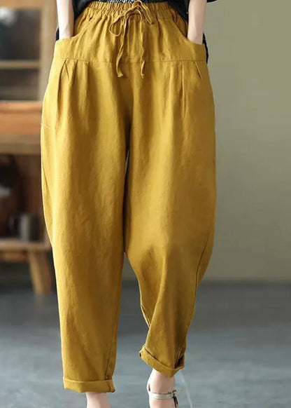 Yellow Pockets Patchwork Elastic Waist Linen Pants Summer