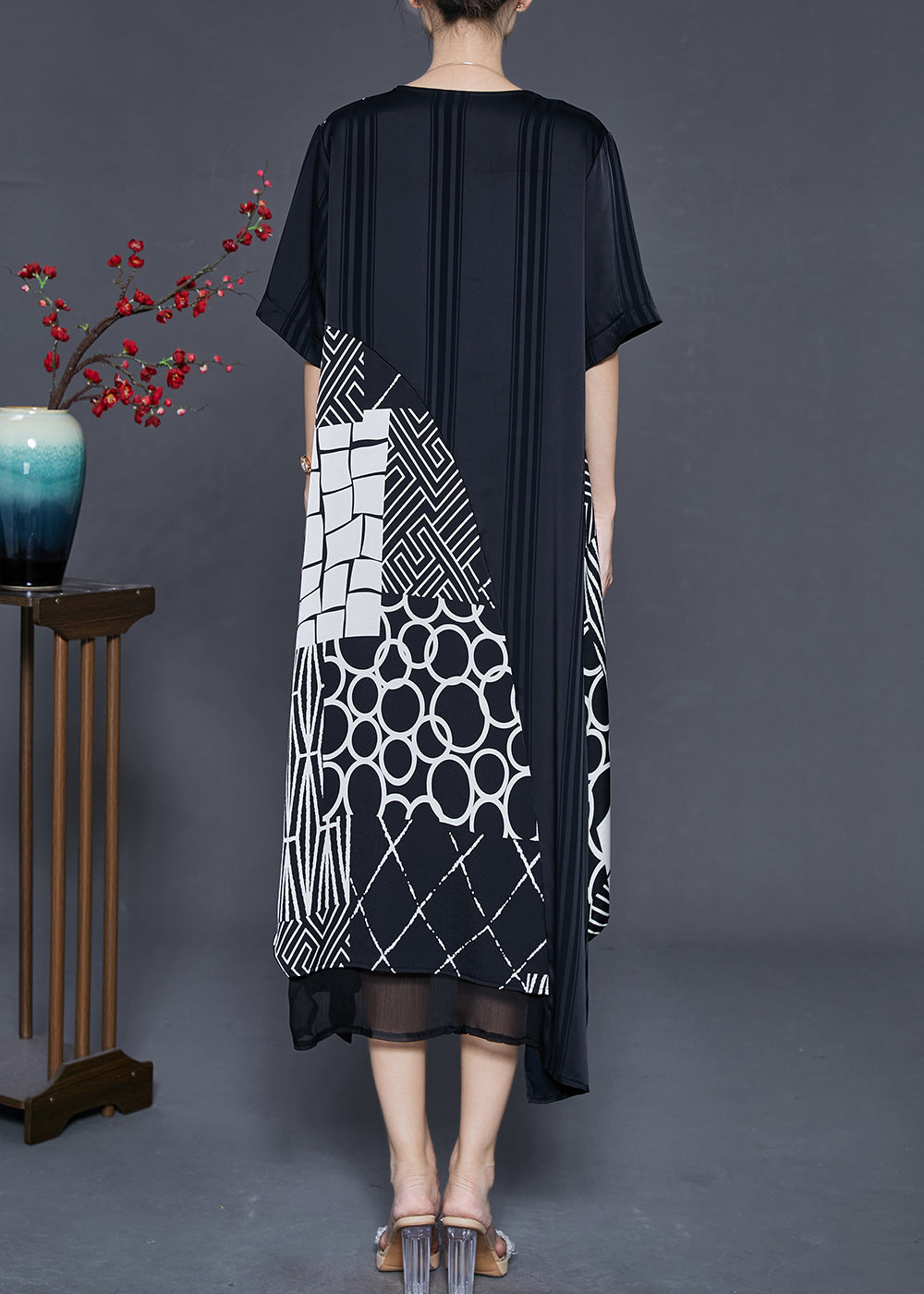 Black Asymmetrical Patchwork Silk Maxi Dresses Summer