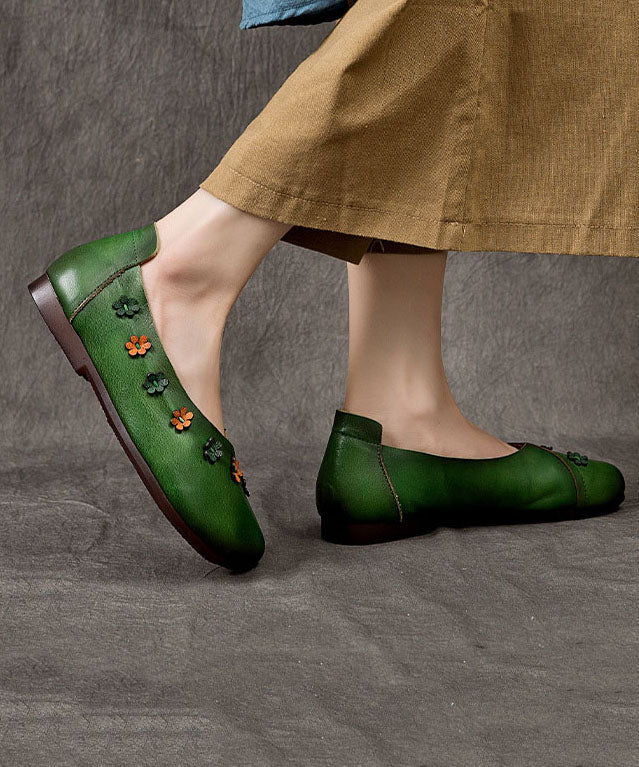 Splicing Flats Green Cowhide Leather