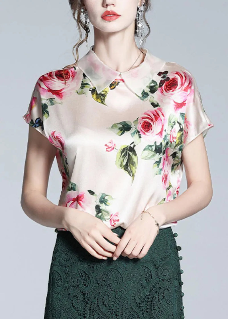 Italian Pink Peter Pan Collar Print Silk Tops Short Sleeve Summer