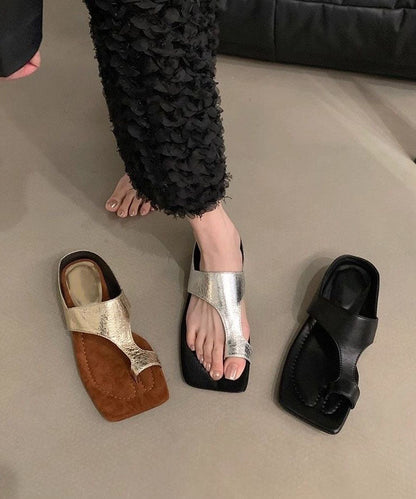 Black Faux Leather Splicing Chunky Thong Sandals