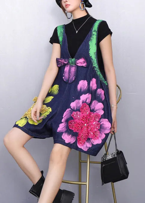 Organic Navy Oversized Print Denim Shorts Jumpsuit Summer