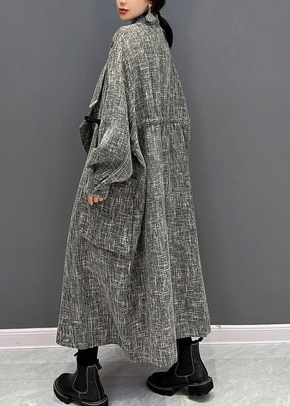 Grey Notched Plaid Button Trench Coats Fall