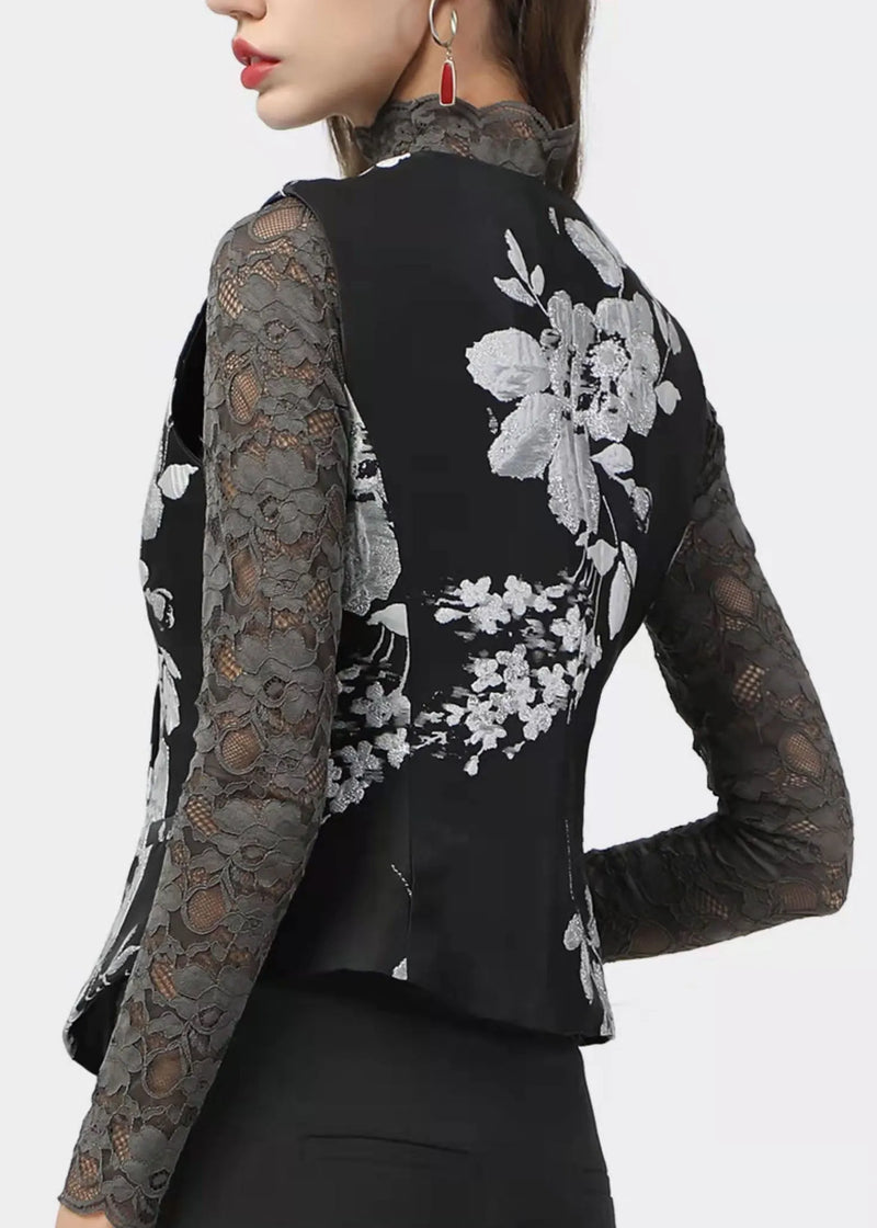 Slim Fit Black Peter Pan Collar Button Print Vest Tops Spring