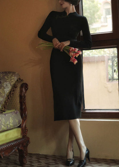 Black Slim Fit Side Open Knit Cheongsam Dresses Spring