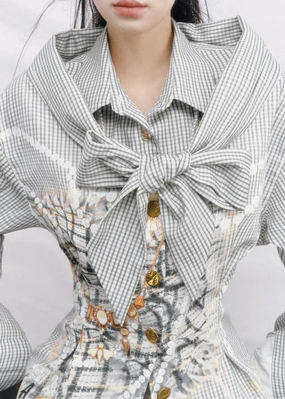 Cold Shoulder Plaid Cotton Fake Two Piece Shirt Top Spring