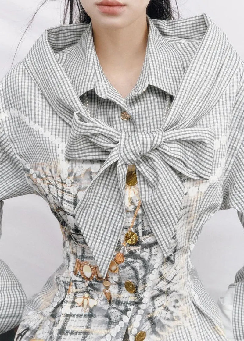 Cold Shoulder Plaid Cotton Fake Two Piece Shirt Top Spring