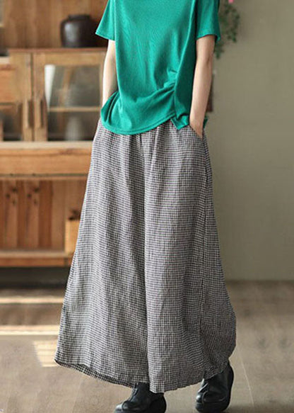 Small Plaid Pockets Patchwork Linen Wide Leg Pants Summer