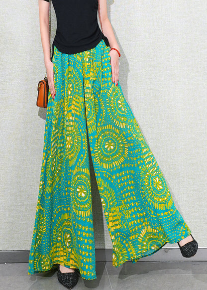 Green Print Pockets Chiffon Summer Wide Leg Pants