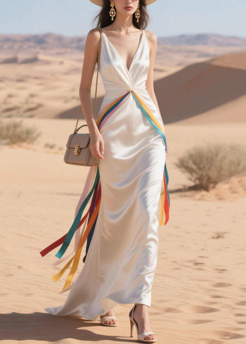White Draping Patchwork Multicolour Ribbon Silk Party Dress Summer