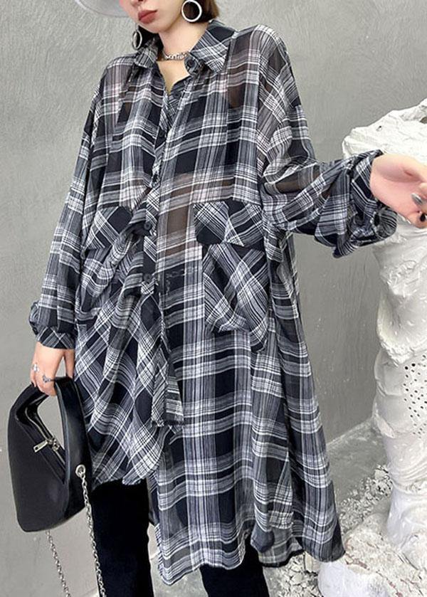 Black Plaid Summer Asymmetrical Long Sleeve Chiffon Shirt