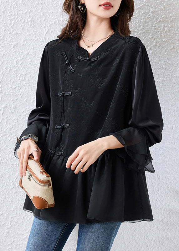 Black Chinese Button Patchwork Silk Shirt Tops Flare Sleeve