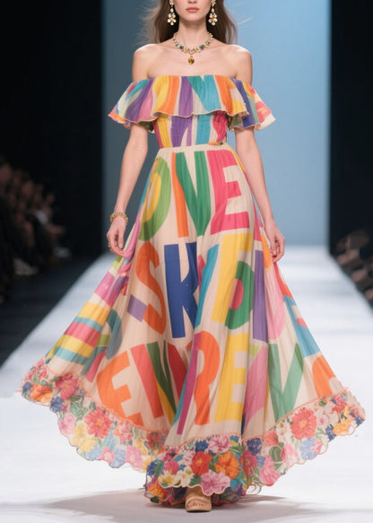Apricot Cold Shoulder Print Silk Vacation Dress Summer