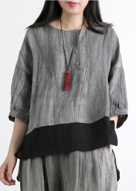 Grey O-neck Patchwork Linen Two Piece Set Outfits Half Sleeve
