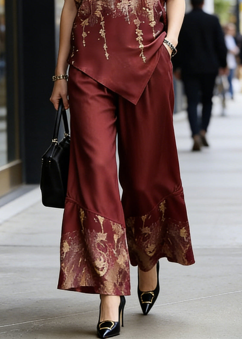 Classy Red O-neck Print Asymmetrical Silk Two Pieces Set Summer