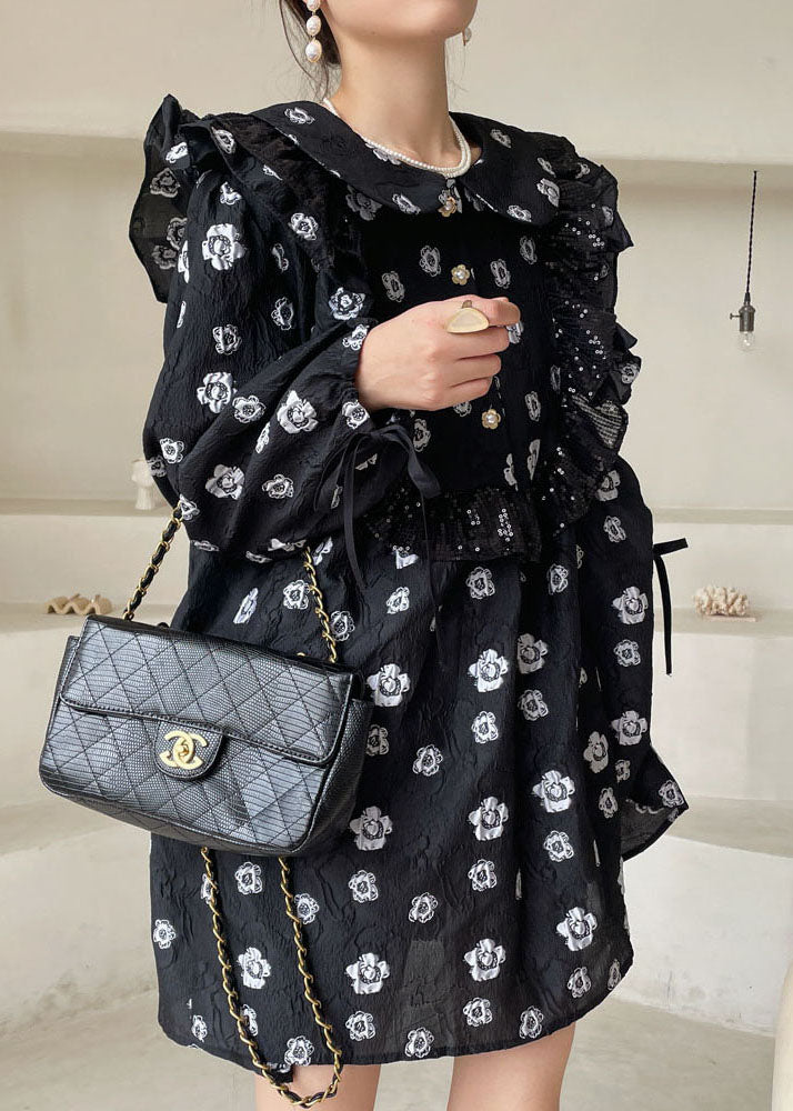 Black Print Ruffled Mini Dress Spring