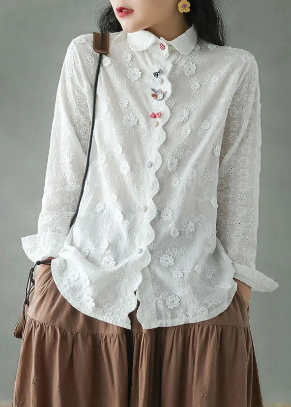 Diy White Embroideried Three-dimensional Cotton Shirt Top Long Sleeve