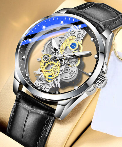 Black Leather Hollow Out Fully Automatic Machinery Watches