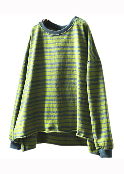Green O Neck Striped Patchwork Cotton T Shirt Top Fall