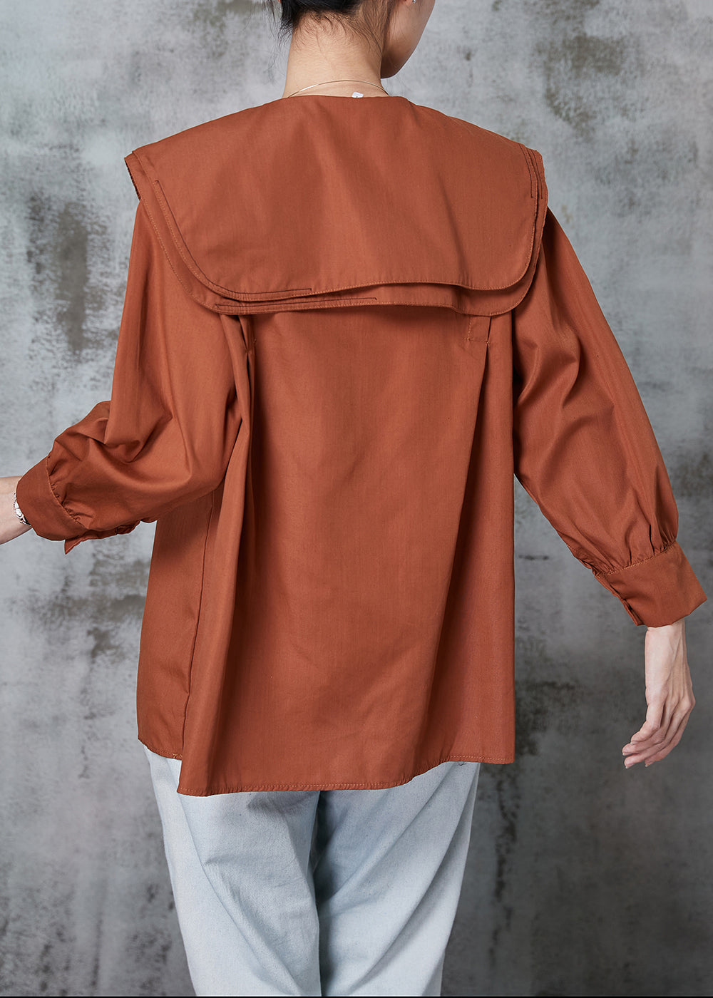 Brown Double-layer Collar Cotton Shirt Top Spring