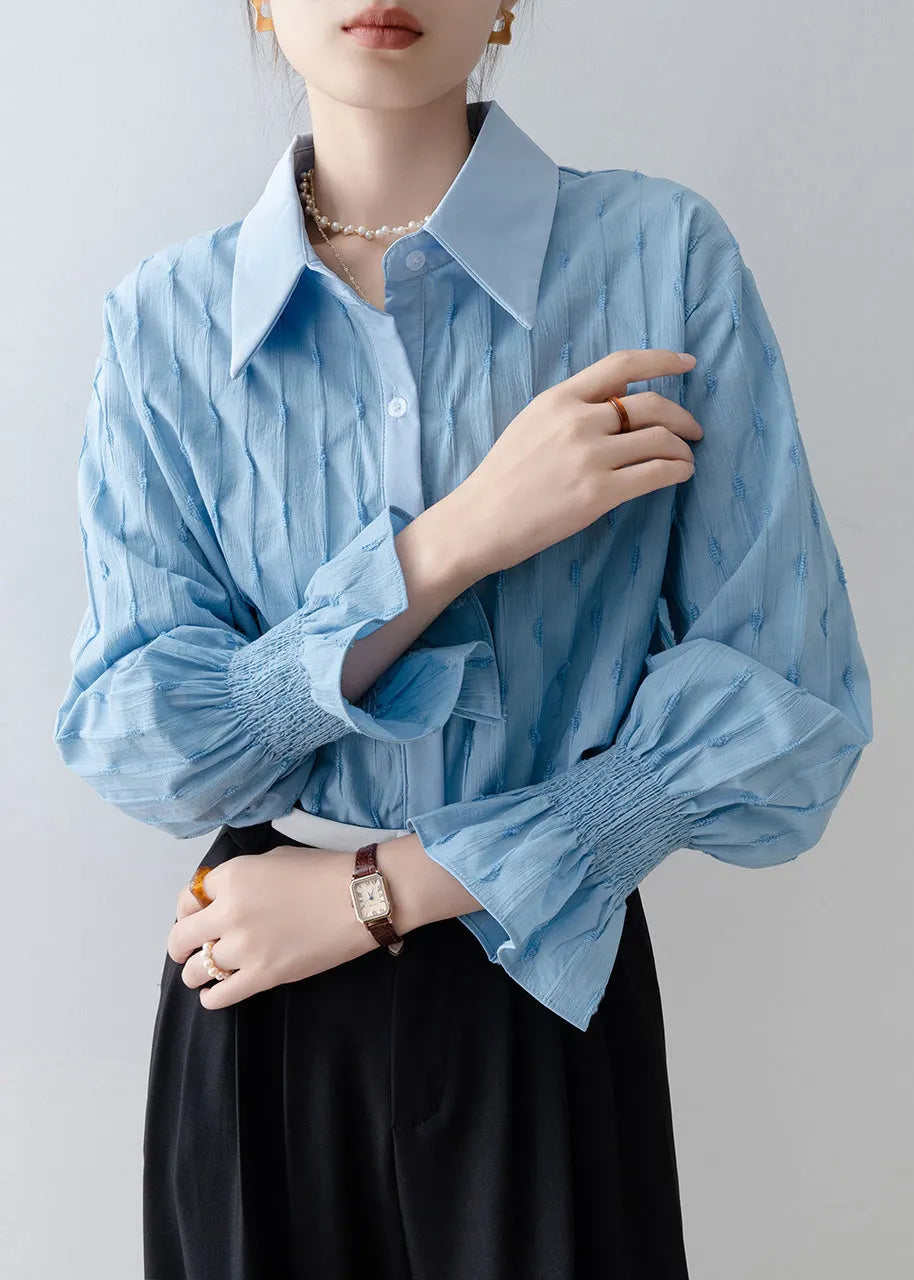 French Sky Blue Embroidered Striped Cotton Shirt Tops Flare Sleeve