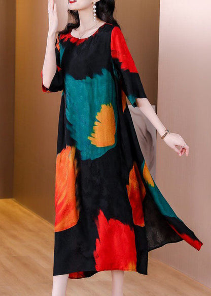 Colorblock O Neck Print Patchwork Silk Dress Summer
