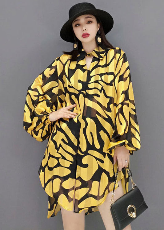 Yellow Peter Pan Collar Print Side Open Chiffon Long Shirt Lantern Sleeve