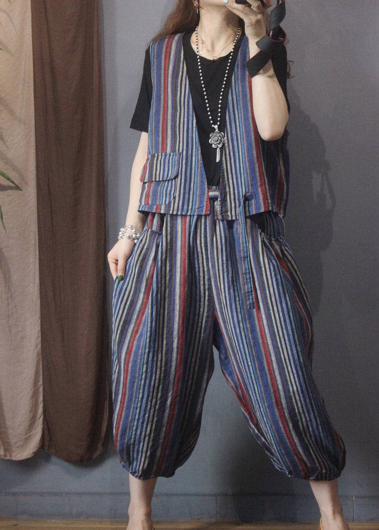 Red Blue Striped Linen Waistcoat and Beam Pants Two Piece Set Outfits Summer