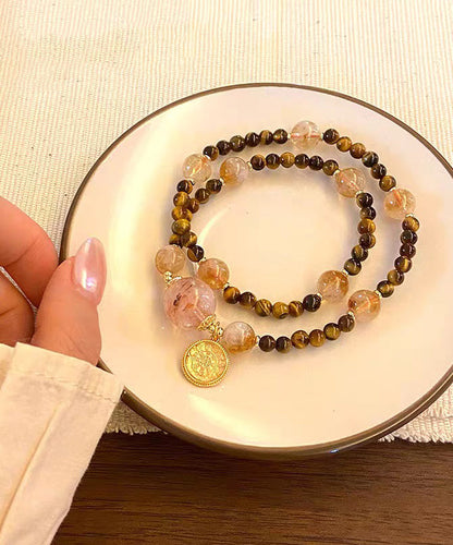 Art Brown Copper Overgild Crystal Tiger's Eye Beading Charm Bracelet