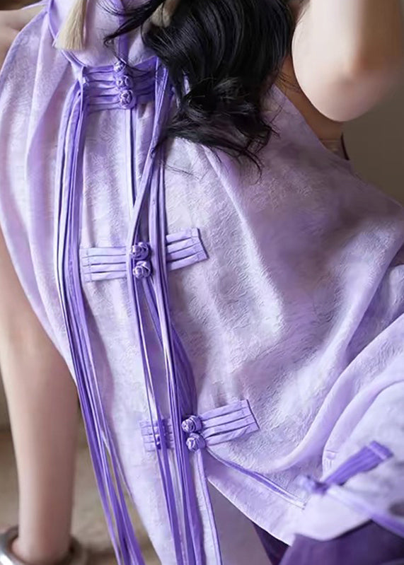 Purple Stand Collar Asymmetrical Button Tassel Maxi Dresses Summer