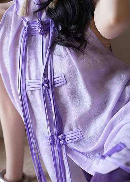 Purple Stand Collar Asymmetrical Button Tassel Maxi Dresses Summer