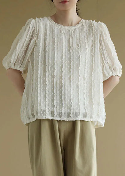 Beige O-neck Ruffled Jacquard Silk Shirts Short Sleeve