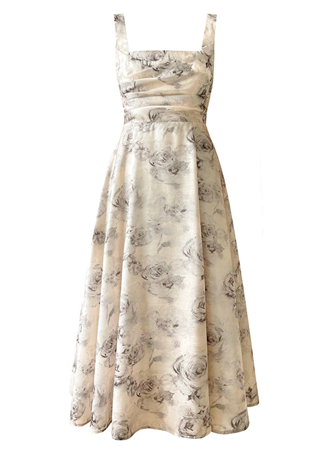 Square Collar Zippered Print Chiffon Maxi Dresses Sleeveless Summer