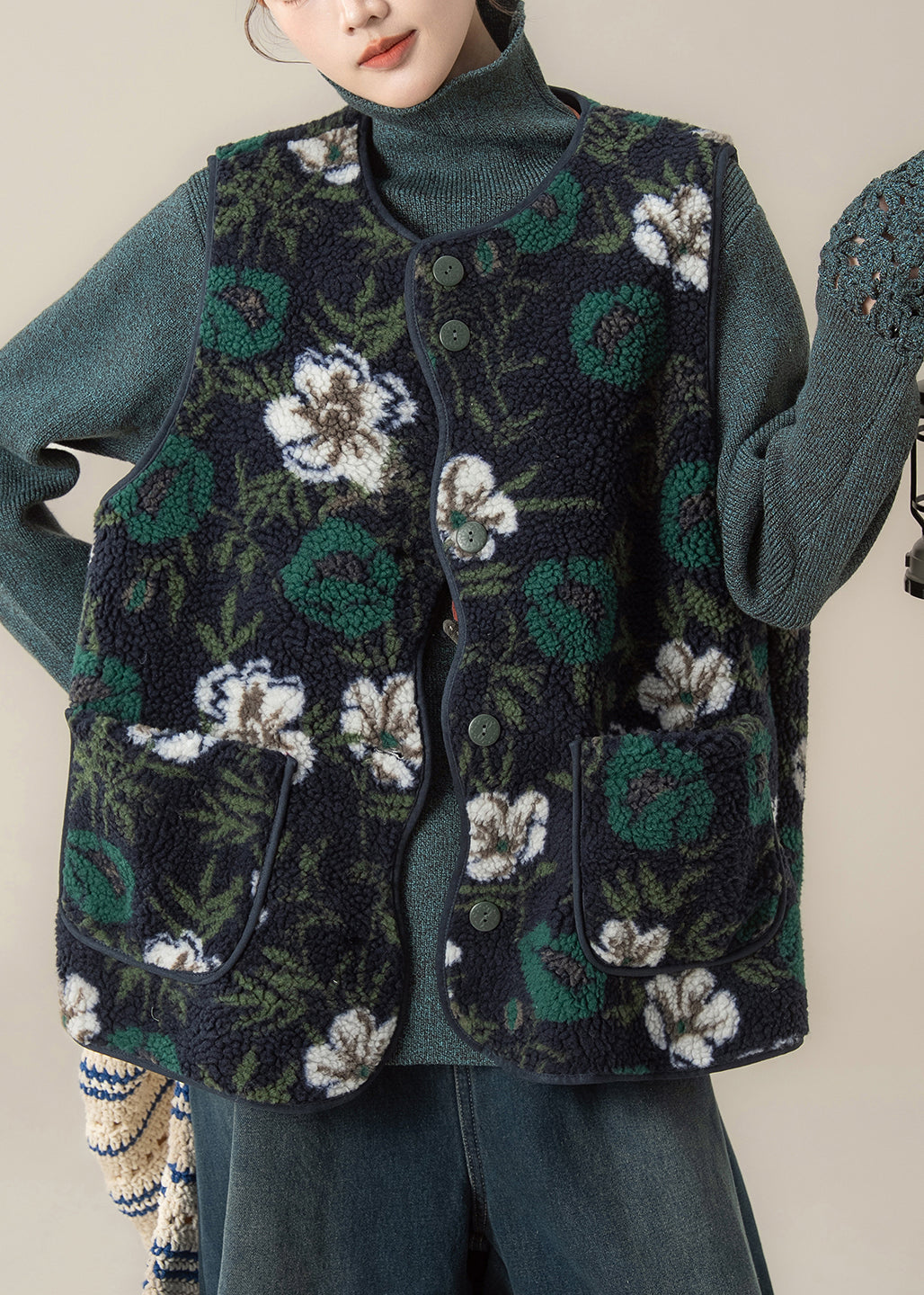 Style Green Print Faux Fur Waistcoat and Top Two Pieces Set Winter