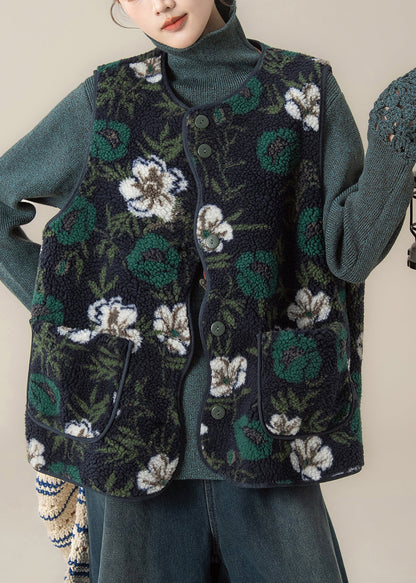 Style Green Print Faux Fur Waistcoat and Top Two Pieces Set Winter