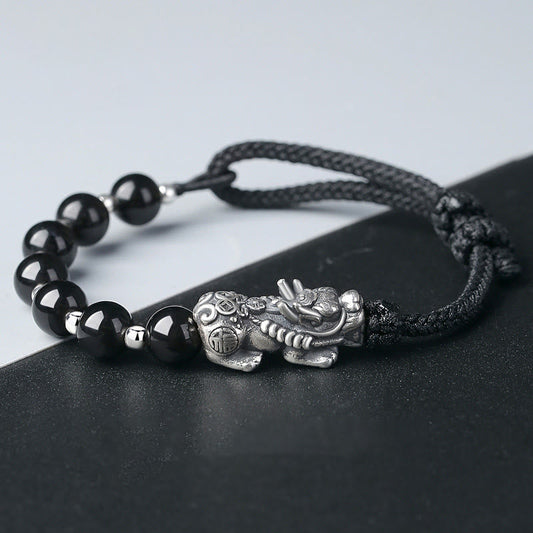 Buddha Stones 999 Sterling Silver Fengshui Pixiu Natural Black Obsidian 925 Sterling Silver Bead Strength Bracelet