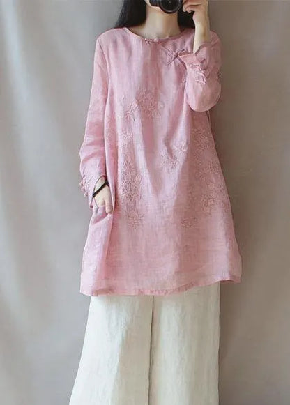 Classy O Neck Chinese Button Clothes for Shape Pink Embroidery Shirt