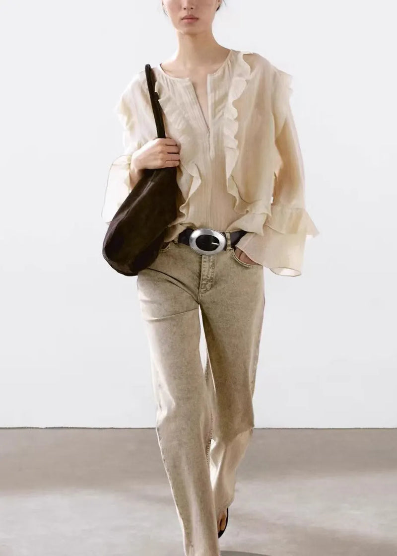 Boutique O-neck Ruffled Patchwork Cotton Blouse Tops Fall