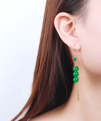 Green Sterling Silver Overgild 14k Gold Jade Tassel Drop Earrings