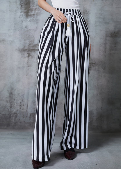 Black Tasseled Striped Cotton Straight Pants Summer