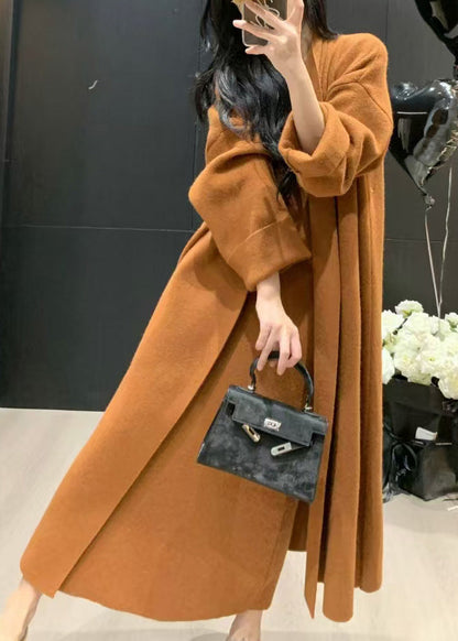 Caramel V Neck Knit Long Coats and Long Dress Two Pieces Set Fall
