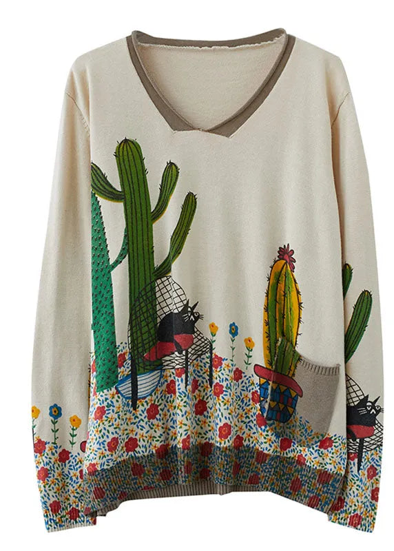 French Beige V Neck Loose Print Fall Sweater