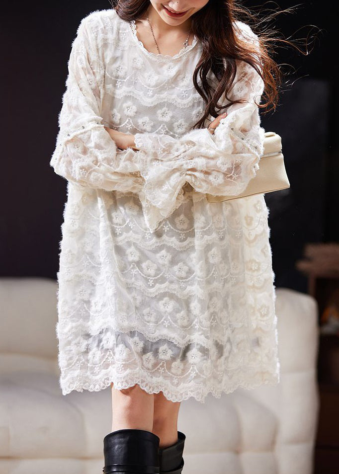 Loose White Embroideried Nail Bead Lace Mid Dress Spring