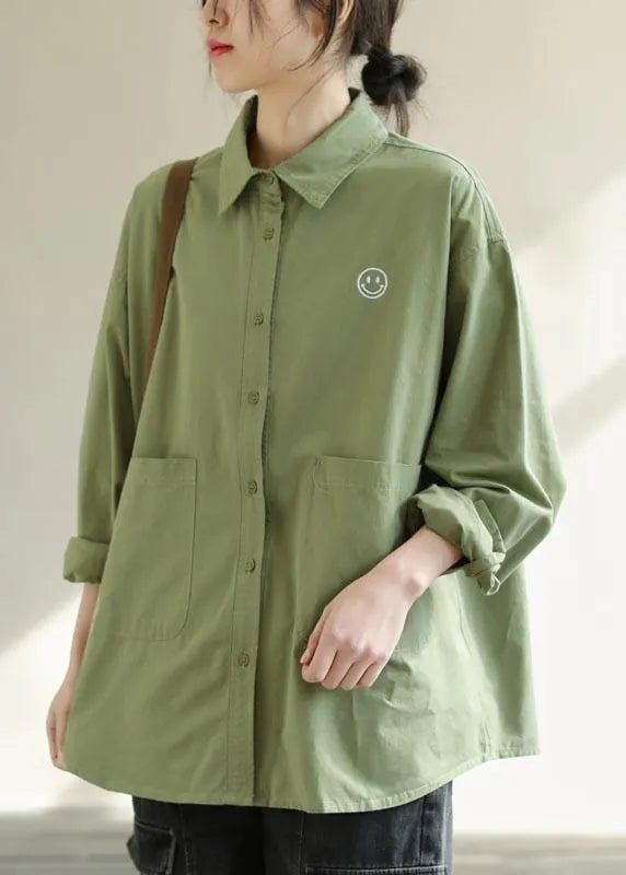 Diy Green Smiling Face Tunic Lapel Pockets Baggy Spring Shirts