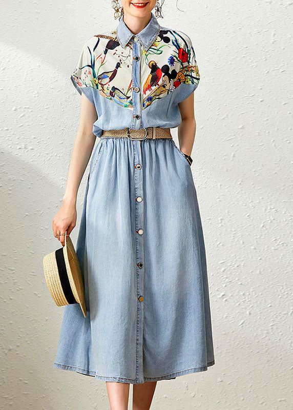 Denim Blue Peter Pan Collar Patchwork Print Cinched Dresses Summer