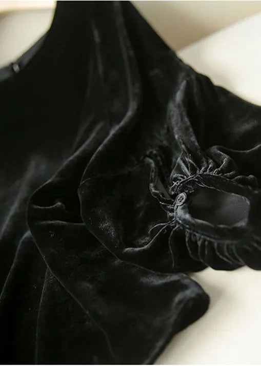 Italian Black O-neck Velour Loose Tops Lantern Sleeve
