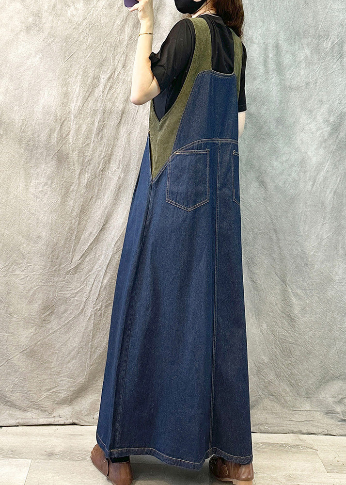 Classy Navy Oversized Patchwork Denim Straps Dresses Summer